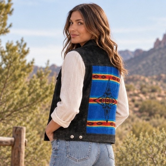 Pendleton Jackets & Blazers - Pendleton Womens Leather Vest XL Black Wool Southwestern Native Aztec Ranch Boho